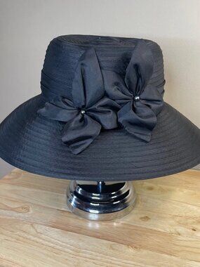 Giovannio NY Black Wide Brim Satin Dress Hat Floral Beaded Church Derby